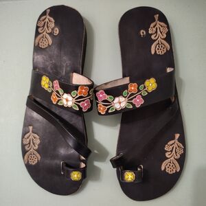 Handmade Black Leather Mexican Huarache Toe Ring Sandals Hand Painted Size 8 NEW